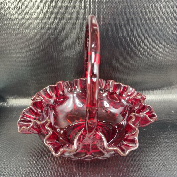 Fenton Ruby Red Glass Basket Bowl Ruffled Edge Amberina Vintage Decor - Picture 15 of 16